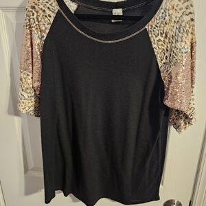 Stylish Black Top with Leopard and Sequin Sleeves